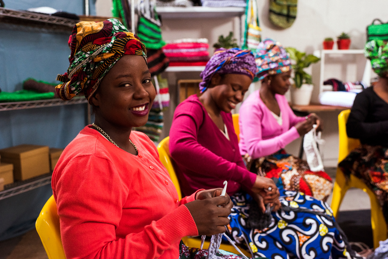 Group of African women in a weaving business